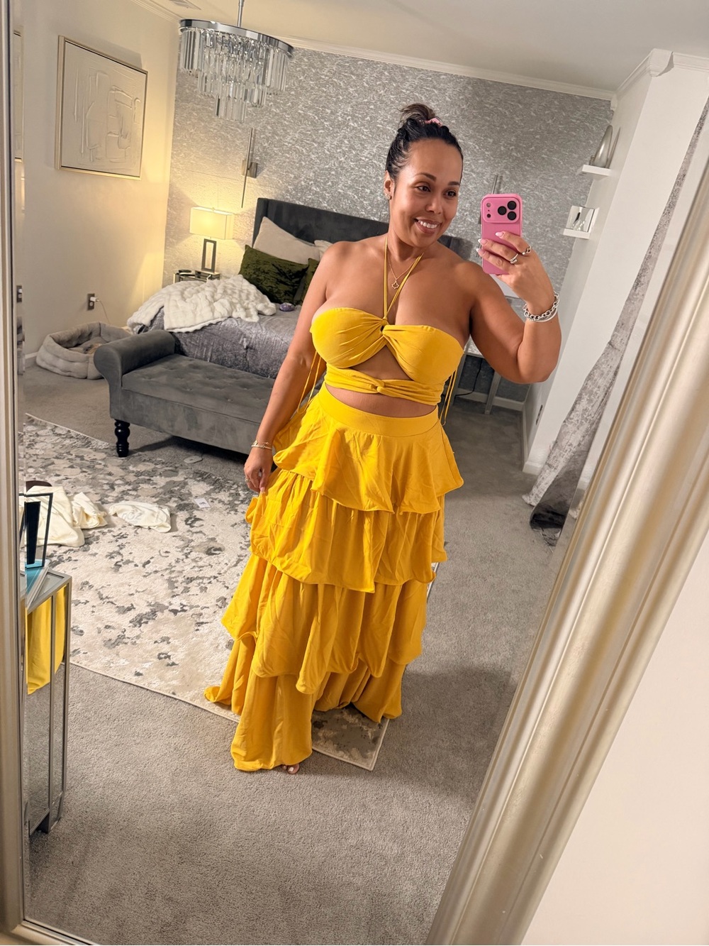 Fashion Nova Mustard Yellow Tiered Ruffle Maxi Dress